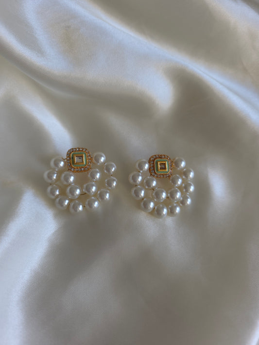 Ivory Pearl Stud Earrings with Kundan-Inspired Center
