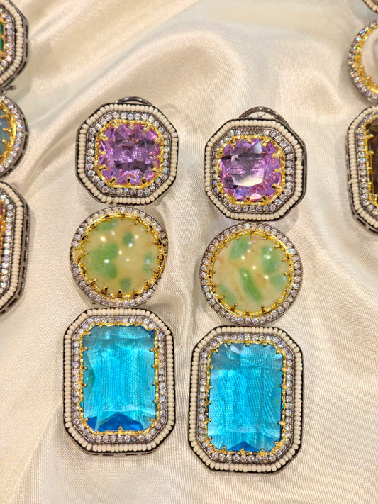Multi-Stone Statement Stud Earrings – Purple, Mint & Aqua