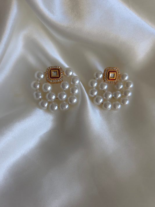 Ivory Pearl Stud Earrings with Kundan-Inspired Center